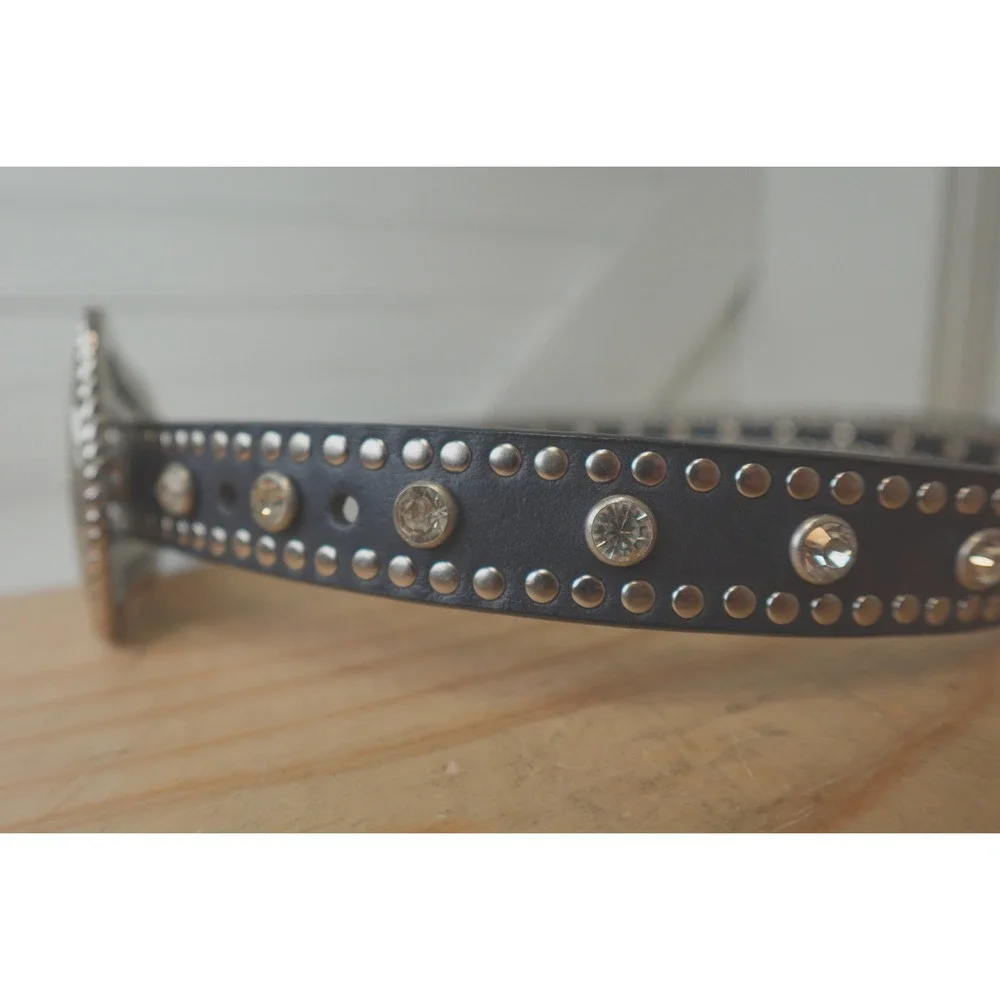 Women's Black Leather Studded Nocona Belt Medium‎ Rhinestones Silver Tone Buckle